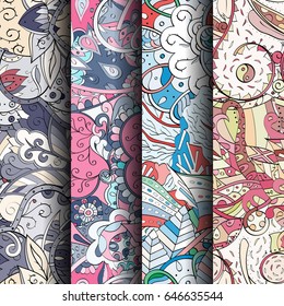Set of tracery colorful seamless patterns. Vertical stripes. Curved doodling backgrounds for textile or printing with mehndi and ethnic motives. Vector