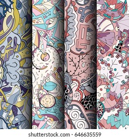 Set of tracery colorful seamless patterns. Vertical stripes. Curved doodling backgrounds for textile or printing with mehndi and ethnic motives. Vector