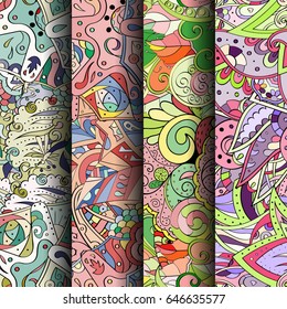 Set of tracery colorful seamless patterns. Vertical stripes. Curved doodling backgrounds for textile or printing with mehndi and ethnic motives. Vector