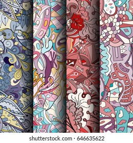 Set of tracery colorful seamless patterns. Vertical stripes. Curved doodling backgrounds for textile or printing with mehndi and ethnic motives. Vector