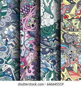 Set of tracery colorful seamless patterns. Vertical stripes. Curved doodling backgrounds for textile or printing with mehndi and ethnic motives. Vector