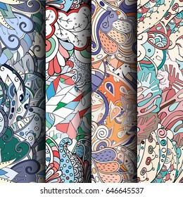 Set of tracery colorful seamless patterns. Vertical stripes. Curved doodling backgrounds for textile or printing with mehndi and ethnic motives. Vector