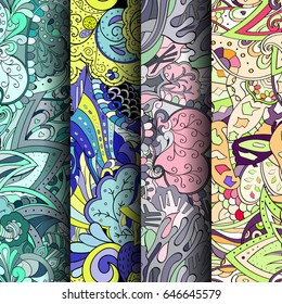 Set of tracery colorful seamless patterns. Vertical stripes. Curved doodling backgrounds for textile or printing with mehndi and ethnic motives. Vector