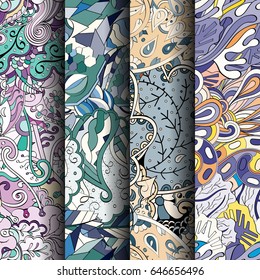 Set of tracery colorful seamless patterns. Vertical stripes. Curved doodling backgrounds for textile or printing with mehndi and ethnic motives. Vector