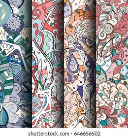 Set of tracery colorful seamless patterns. Vertical stripes. Curved doodling backgrounds for textile or printing with mehndi and ethnic motives. Vector