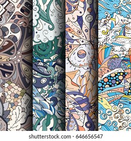 Set of tracery colorful seamless patterns. Vertical stripes. Curved doodling backgrounds for textile or printing with mehndi and ethnic motives. Vector