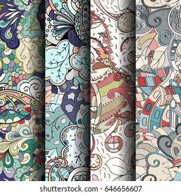 Set of tracery colorful seamless patterns. Vertical stripes. Curved doodling backgrounds for textile or printing with mehndi and ethnic motives. Vector