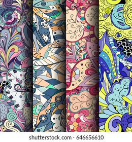 Set of tracery colorful seamless patterns. Vertical stripes. Curved doodling backgrounds for textile or printing with mehndi and ethnic motives. Vector