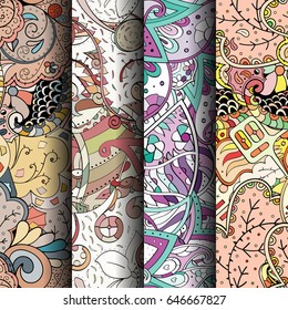 Set of tracery colorful seamless patterns. Vertical stripes. Curved doodling backgrounds for textile or printing with mehndi and ethnic motives. Vector