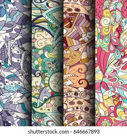 Set of tracery colorful seamless patterns. Vertical stripes. Curved doodling backgrounds for textile or printing with mehndi and ethnic motives. Vector