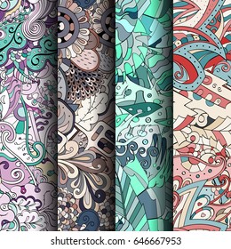 Set of tracery colorful seamless patterns. Vertical stripes. Curved doodling backgrounds for textile or printing with mehndi and ethnic motives. Vector