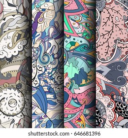 Set of tracery colorful seamless patterns. Vertical stripes. Curved doodling backgrounds for textile or printing with mehndi and ethnic motives. Vector