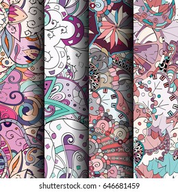 Set of tracery colorful seamless patterns. Vertical stripes. Curved doodling backgrounds for textile or printing with mehndi and ethnic motives. Vector