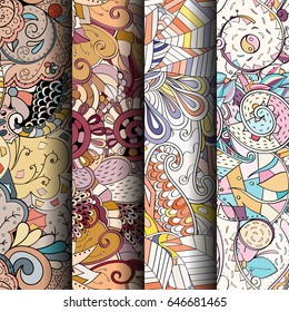 Set of tracery colorful seamless patterns. Vertical stripes. Curved doodling backgrounds for textile or printing with mehndi and ethnic motives. Vector