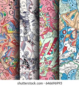 Set of tracery colorful seamless patterns. Vertical stripes. Curved doodling backgrounds for textile or printing with mehndi and ethnic motives. Vector