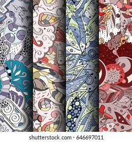 Set of tracery colorful seamless patterns. Vertical stripes. Curved doodling backgrounds for textile or printing with mehndi and ethnic motives. Vector