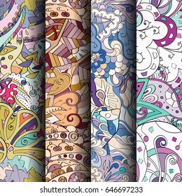 Set of tracery colorful seamless patterns. Vertical stripes. Curved doodling backgrounds for textile or printing with mehndi and ethnic motives. Vector