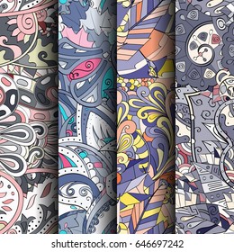 Set of tracery colorful seamless patterns. Vertical stripes. Curved doodling backgrounds for textile or printing with mehndi and ethnic motives. Vector