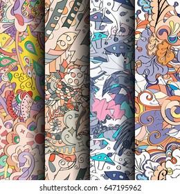 Set of tracery colorful seamless patterns. Vertical stripes. Curved doodling backgrounds for textile or printing with mehndi and ethnic motives. Vector