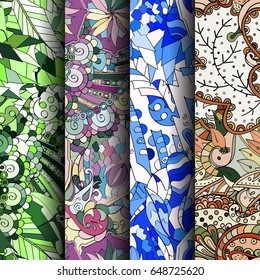 Set of tracery colorful seamless patterns. Vertical stripes. Curved doodling backgrounds for textile or printing with mehndi and ethnic motives. Vector