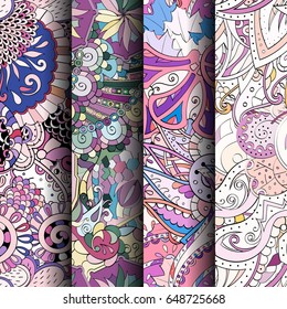 Set of tracery colorful seamless patterns. Vertical stripes. Curved doodling backgrounds for textile or printing with mehndi and ethnic motives. Vector