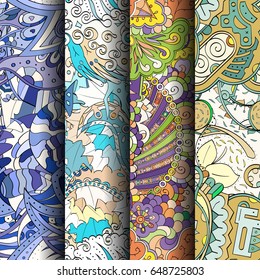 Set of tracery colorful seamless patterns. Vertical stripes. Curved doodling backgrounds for textile or printing with mehndi and ethnic motives. Vector
