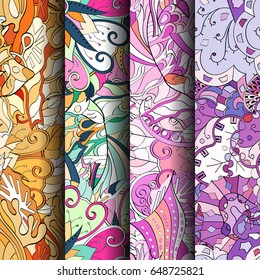 Set of tracery colorful seamless patterns. Vertical stripes. Curved doodling backgrounds for textile or printing with mehndi and ethnic motives. Vector