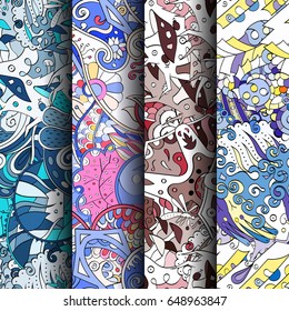 Set of tracery colorful seamless patterns. Vertical stripes. Curved doodling backgrounds for textile or printing with mehndi and ethnic motives. Vector