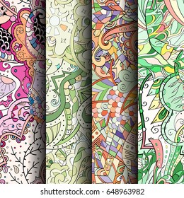 Set of tracery colorful seamless patterns. Vertical stripes. Curved doodling backgrounds for textile or printing with mehndi and ethnic motives. Vector
