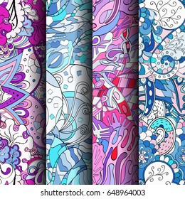Set of tracery colorful seamless patterns. Vertical stripes. Curved doodling backgrounds for textile or printing with mehndi and ethnic motives. Vector