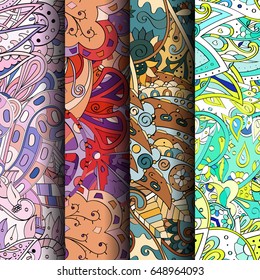 Set of tracery colorful seamless patterns. Vertical stripes. Curved doodling backgrounds for textile or printing with mehndi and ethnic motives. Vector