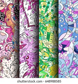 Set of tracery colorful seamless patterns. Vertical stripes. Curved doodling backgrounds for textile or printing with mehndi and ethnic motives. Vector