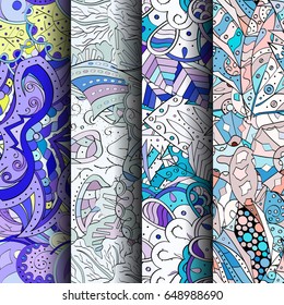 Set of tracery colorful seamless patterns. Vertical stripes. Curved doodling backgrounds for textile or printing with mehndi and ethnic motives. Vector