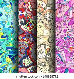 Set of tracery colorful seamless patterns. Vertical stripes. Curved doodling backgrounds for textile or printing with mehndi and ethnic motives. Vector