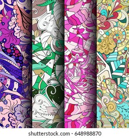 Set of tracery colorful seamless patterns. Vertical stripes. Curved doodling backgrounds for textile or printing with mehndi and ethnic motives. Vector