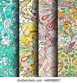 Set of tracery colorful seamless patterns. Vertical stripes. Curved doodling backgrounds for textile or printing with mehndi and ethnic motives. Vector
