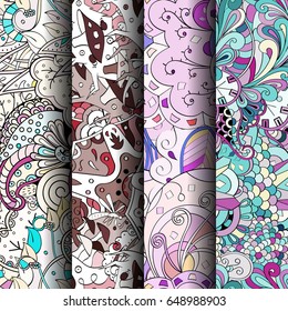 Set of tracery colorful seamless patterns. Vertical stripes. Curved doodling backgrounds for textile or printing with mehndi and ethnic motives. Vector