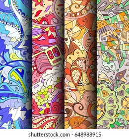 Set of tracery colorful seamless patterns. Vertical stripes. Curved doodling backgrounds for textile or printing with mehndi and ethnic motives. Vector