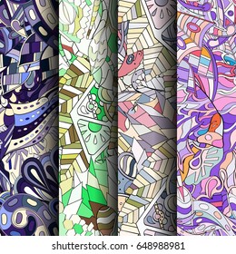 Set of tracery colorful seamless patterns. Vertical stripes. Curved doodling backgrounds for textile or printing with mehndi and ethnic motives. Vector