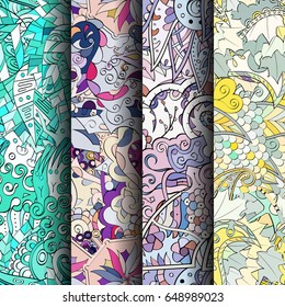 Set of tracery colorful seamless patterns. Vertical stripes. Curved doodling backgrounds for textile or printing with mehndi and ethnic motives. Vector
