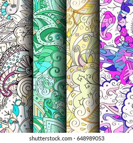 Set of tracery colorful seamless patterns. Vertical stripes. Curved doodling backgrounds for textile or printing with mehndi and ethnic motives. Vector