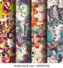 Set of tracery colorful seamless patterns. Vertical stripes. Curved doodling backgrounds for textile or printing with mehndi and ethnic motives. Vector