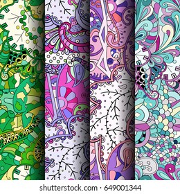 Set of tracery colorful seamless patterns. Vertical stripes. Curved doodling backgrounds for textile or printing with mehndi and ethnic motives. Vector