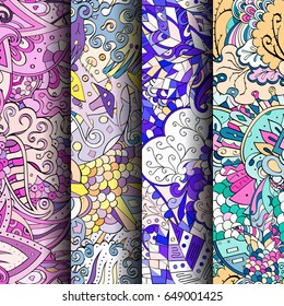 Set of tracery colorful seamless patterns. Vertical stripes. Curved doodling backgrounds for textile or printing with mehndi and ethnic motives. Vector