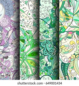 Set of tracery colorful seamless patterns. Vertical stripes. Curved doodling backgrounds for textile or printing with mehndi and ethnic motives. Vector