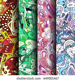 Set of tracery colorful seamless patterns. Vertical stripes. Curved doodling backgrounds for textile or printing with mehndi and ethnic motives. Vector
