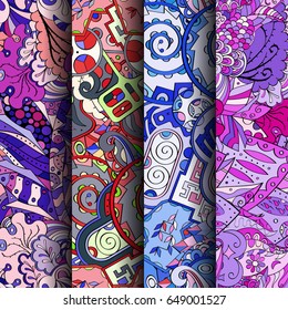 Set of tracery colorful seamless patterns. Vertical stripes. Curved doodling backgrounds for textile or printing with mehndi and ethnic motives. Vector