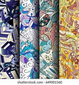 Set of tracery colorful seamless patterns. Vertical stripes. Curved doodling backgrounds for textile or printing with mehndi and ethnic motives. Vector