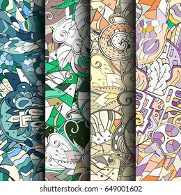 Set of tracery colorful seamless patterns. Vertical stripes. Curved doodling backgrounds for textile or printing with mehndi and ethnic motives. Vector