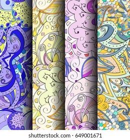 Set of tracery colorful seamless patterns. Vertical stripes. Curved doodling backgrounds for textile or printing with mehndi and ethnic motives. Vector